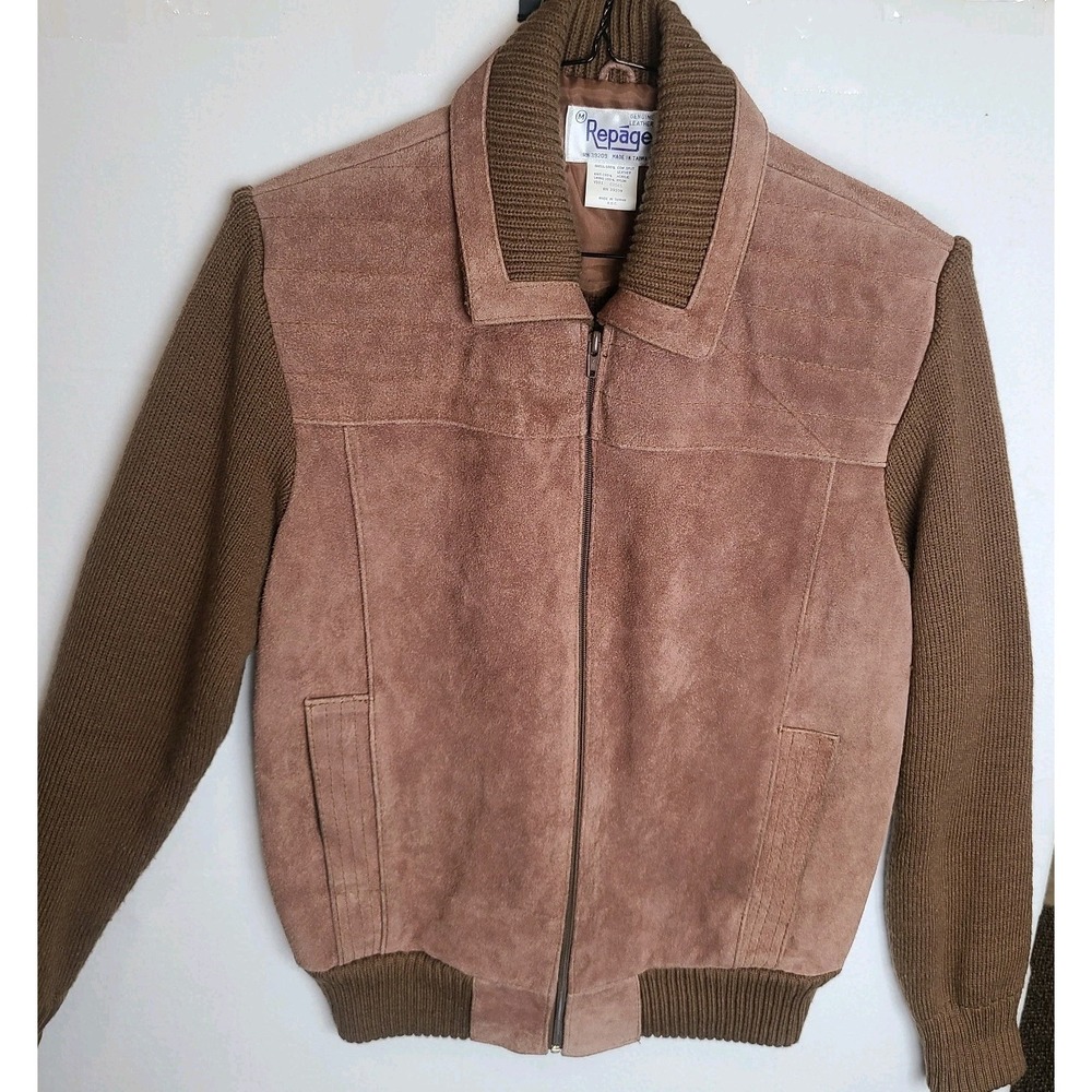 Vintage Repåge Jacket Womens Medium Genuine Leather Suede Knit Sleeve EUC
